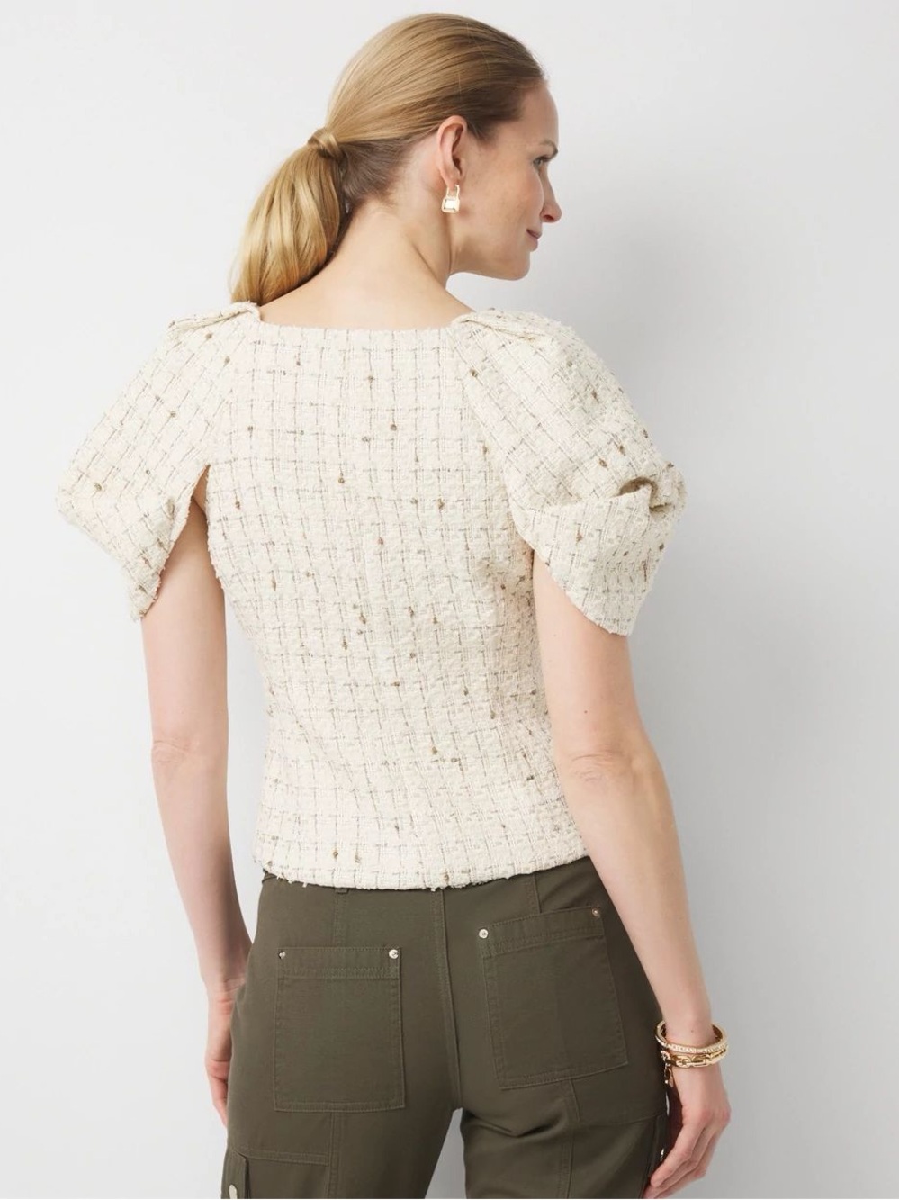 NWOT White House Black Market Cream Tweed Puff Sleeve Top - Picture 4 of 7